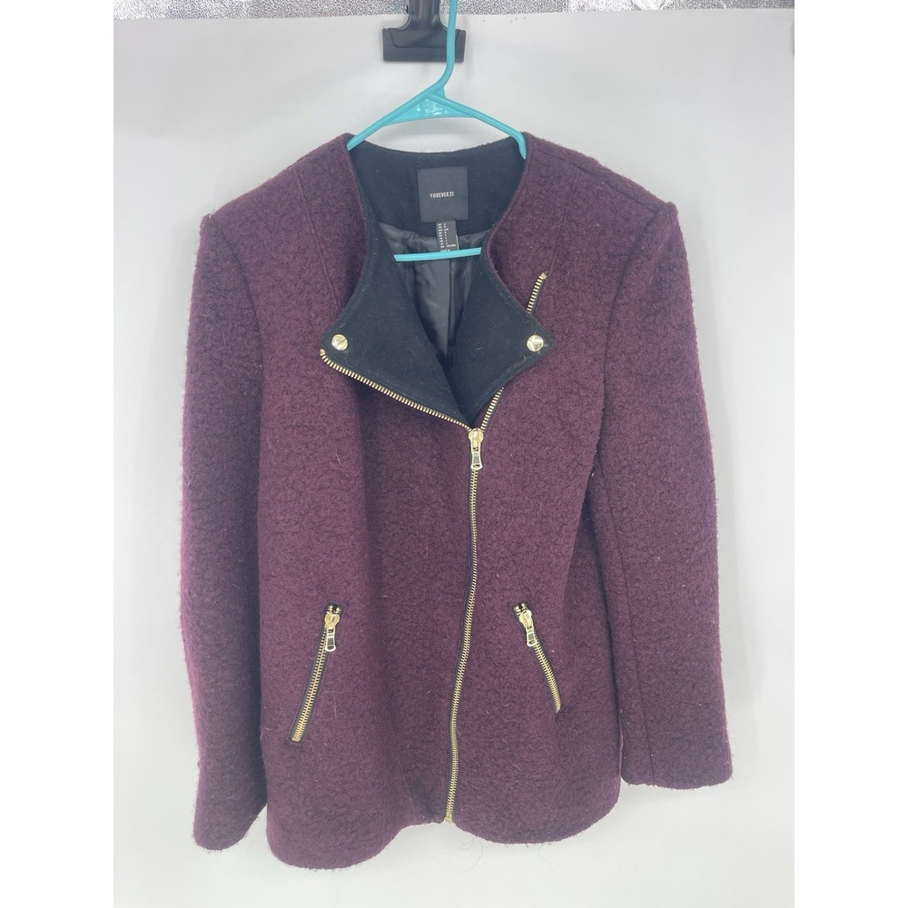 Forever21 Moto Wool Jacket Womens Size L Burgundy, Gold Zipper
